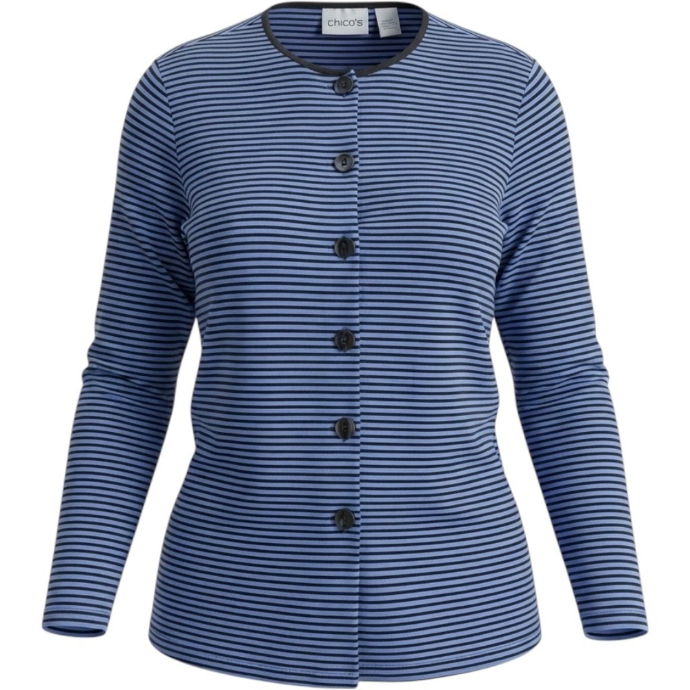 Chicos Travelers Blue Black Striped Button Front Cardigan Top Size 1 Small Med